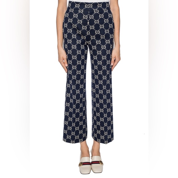 Auth Gucci Navy GG Monogram Flare Pants -Size 38 |  US 2 - Picture 1 of 16